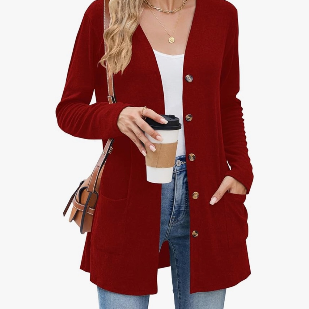 Elegant Red Button-Up Women's Cardigan